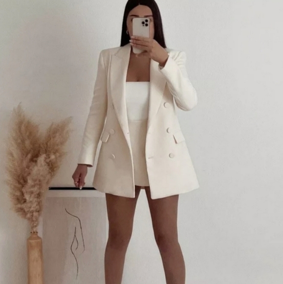 NWT Zara Ecru Double Breasted Long Blazer Coat Jacket, Size XL - Picture 5 of 17